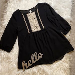 Monteau Black Sheer Blouse with Cream Lace/eyelet